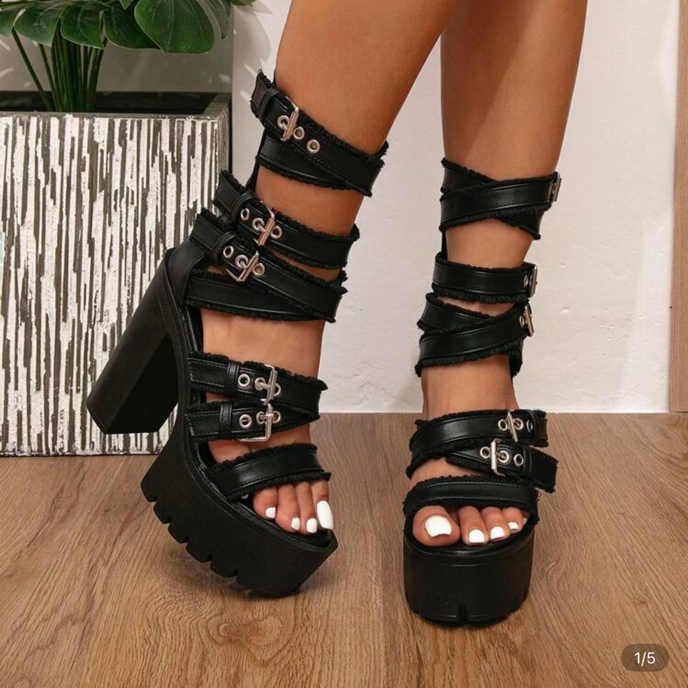 SHEIN Black Strappy Platform Heels